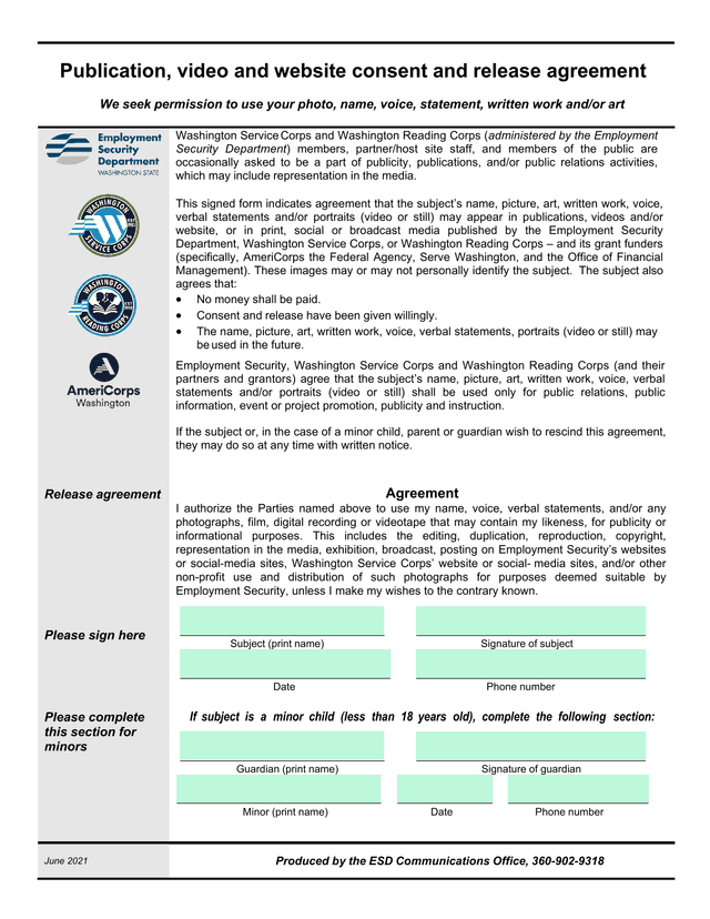 Publication, Video And Website Consent And Release Agreement screenshot