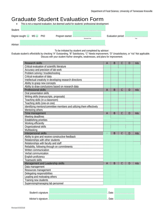Graduate Student Evaluation Form screenshot