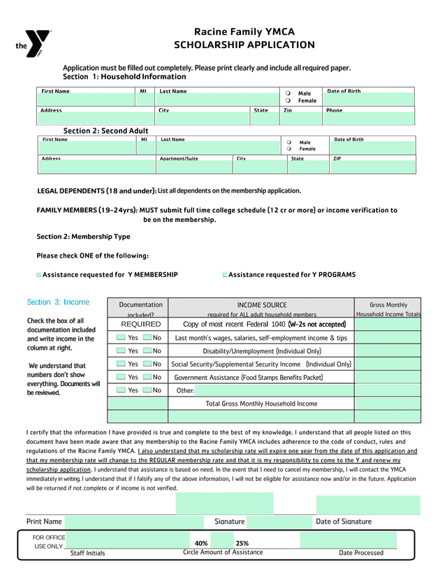 Racine Family YMCA Scholarship Application screenshot