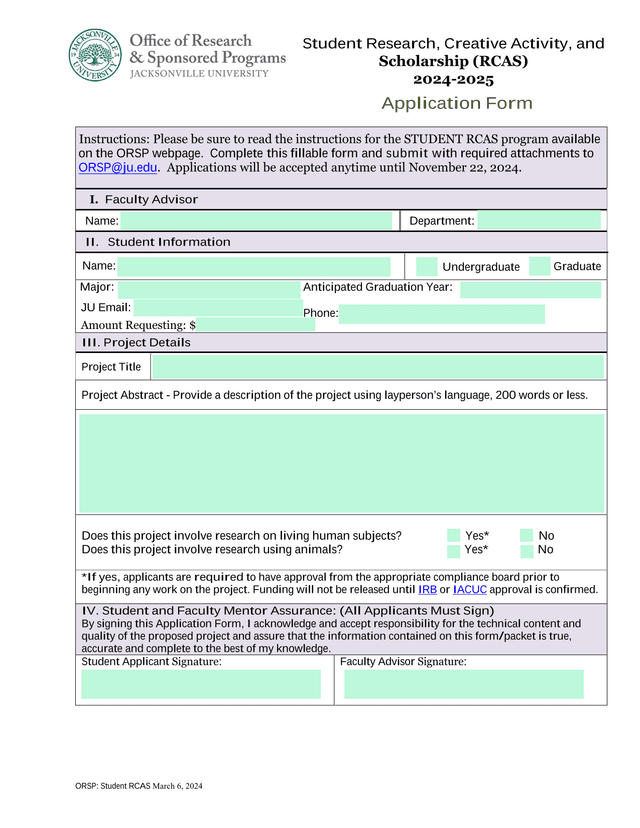 Student Research, Creative Activity, And Scholarship (RCAS) 2024 2025 Application Form screenshot