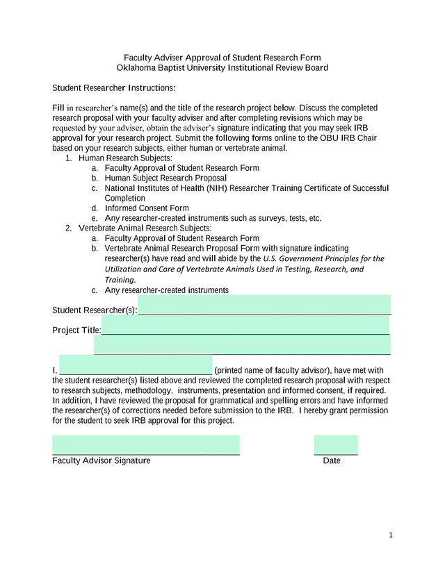 Faculty Adviser Approval Of Student Research Form screenshot