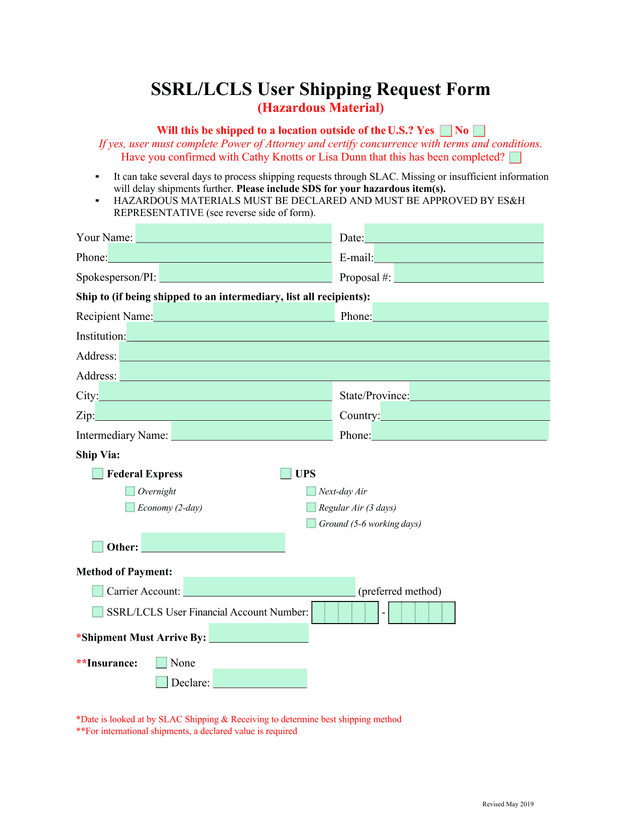 SSRLLCLS User Shipping Request Form (Hazardous Material) screenshot
