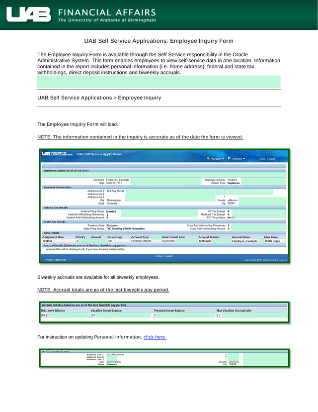 UAB Self Service Applications Employee Inquiry Form screenshot