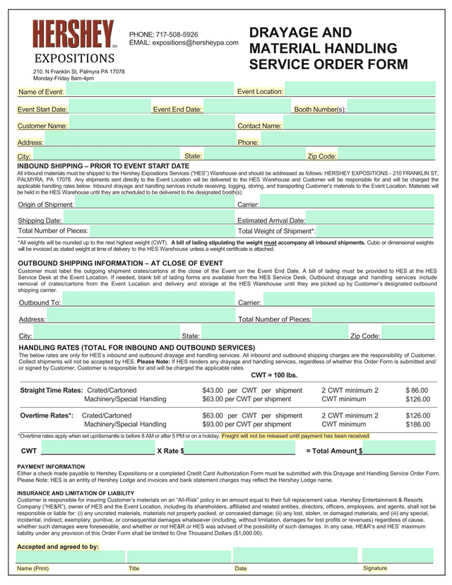 SM Expositions Drayage And Material Handling Service Order Form screenshot
