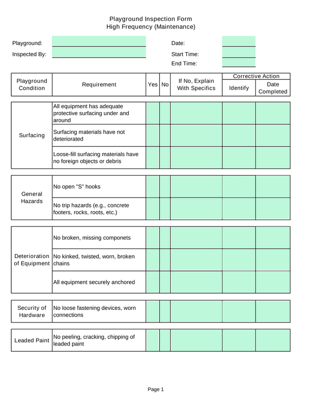 Playground Inspection Form screenshot