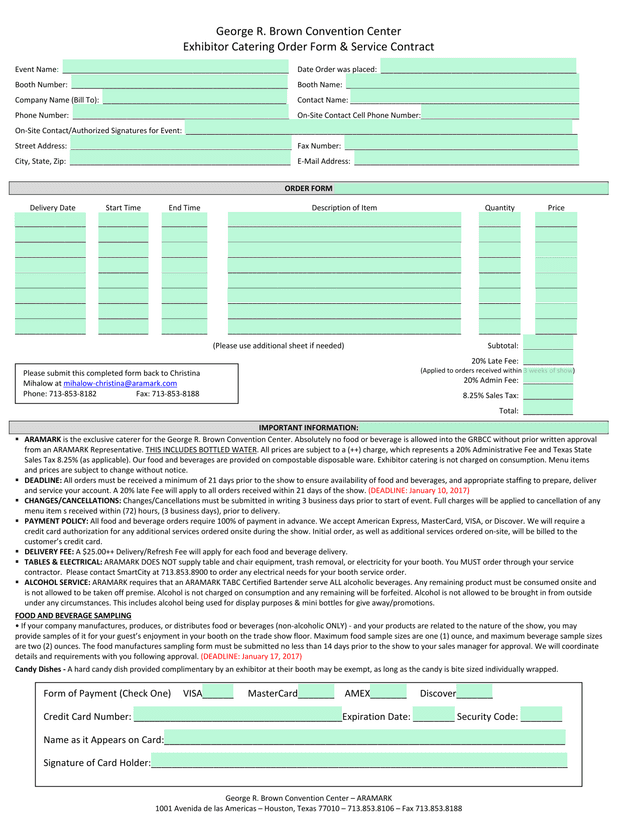 George R. Brown Convention Center Exhibitor Catering Order Form  Service Contract screenshot