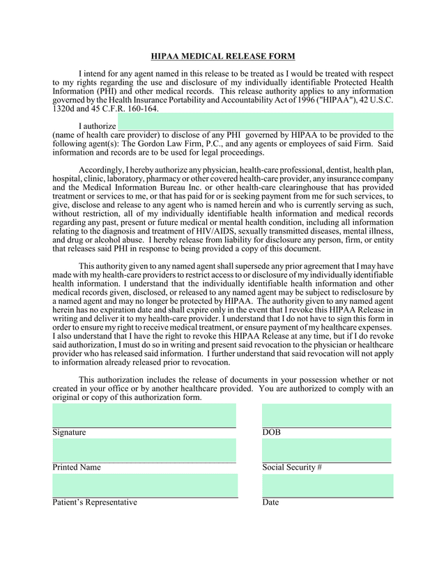 HIPAA Medical Release Form screenshot