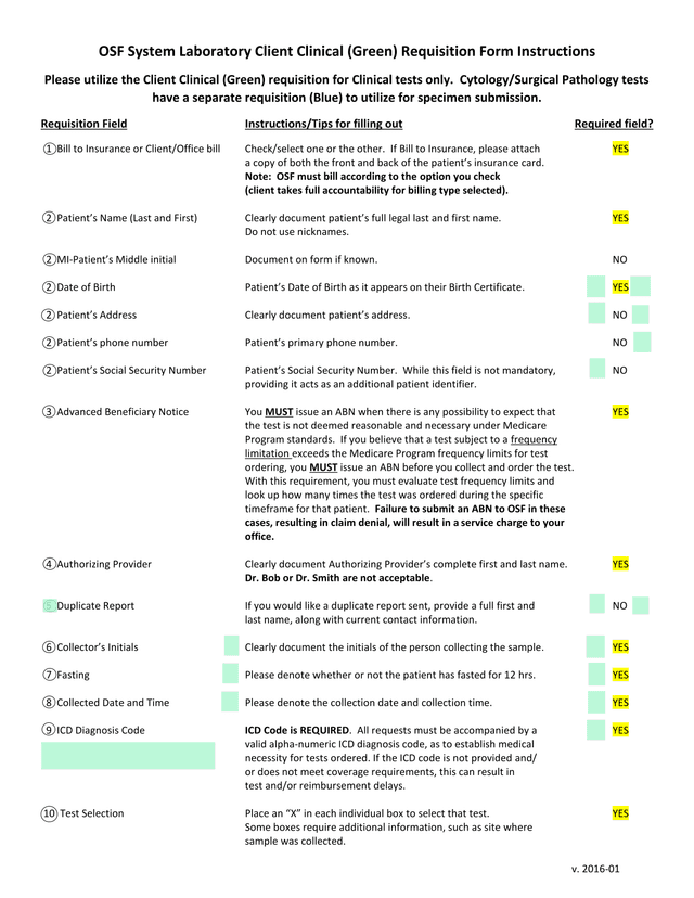 OSF System Laboratory Client Clinical (Green) Requisition Form Instructions screenshot