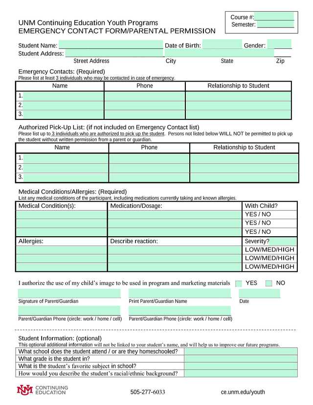 UNM Continuing Education Youth Programs EMERGENCY CONTACT FORMPARENTAL PERMISSION screenshot
