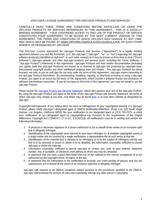 End User License Agreement For ZipLogix Products And Services screenshot