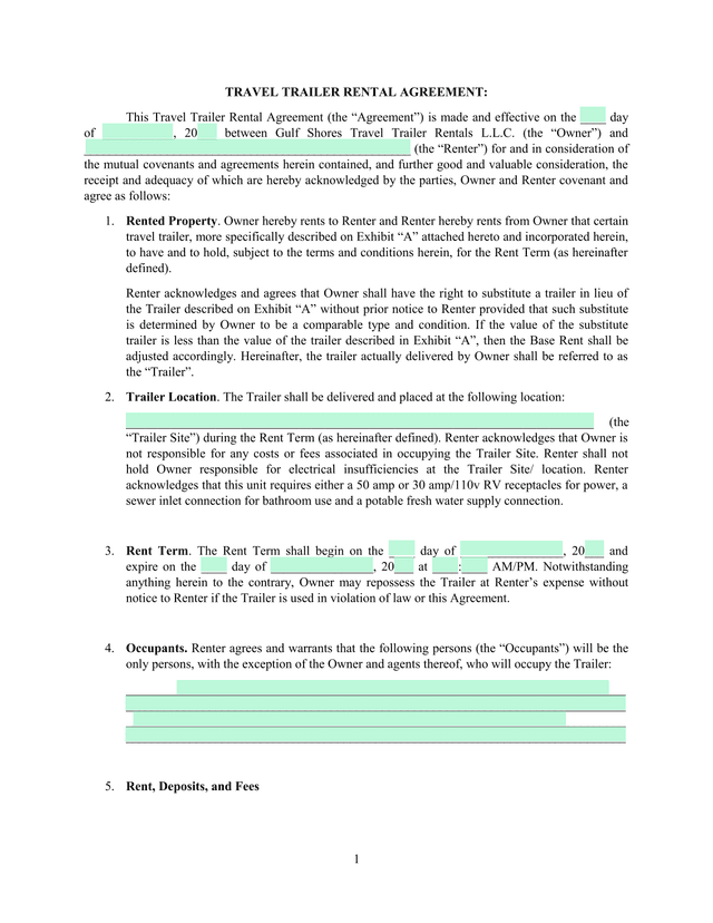 Travel Trailer Rental Agreement screenshot