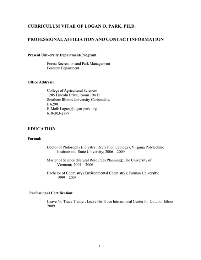 Curriculum Vitae Of Logan O. Park, Ph.D. screenshot