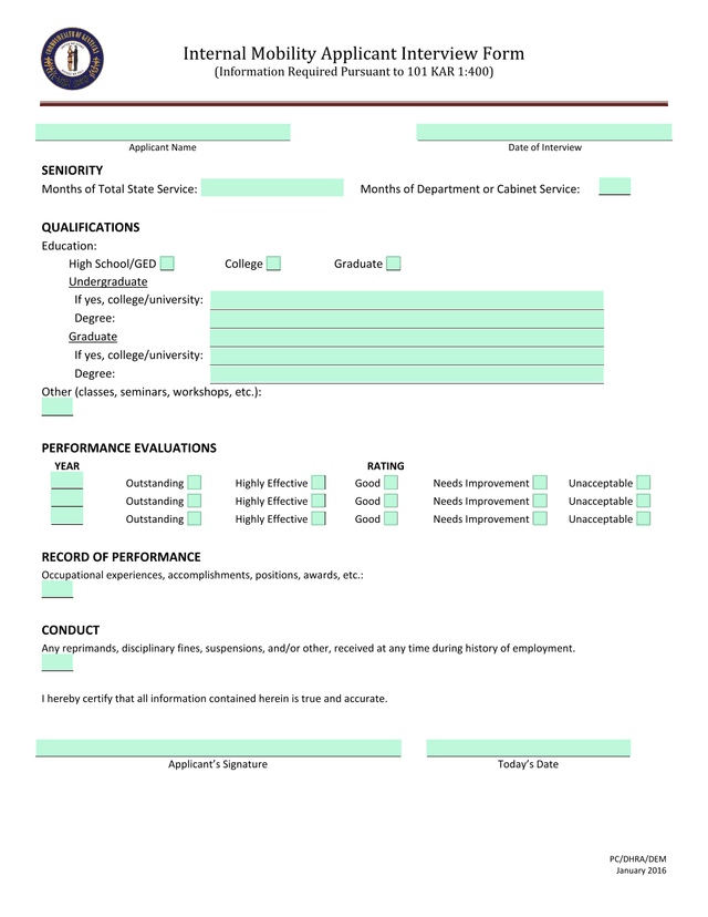 Internal Mobility Applicant Interview Form screenshot