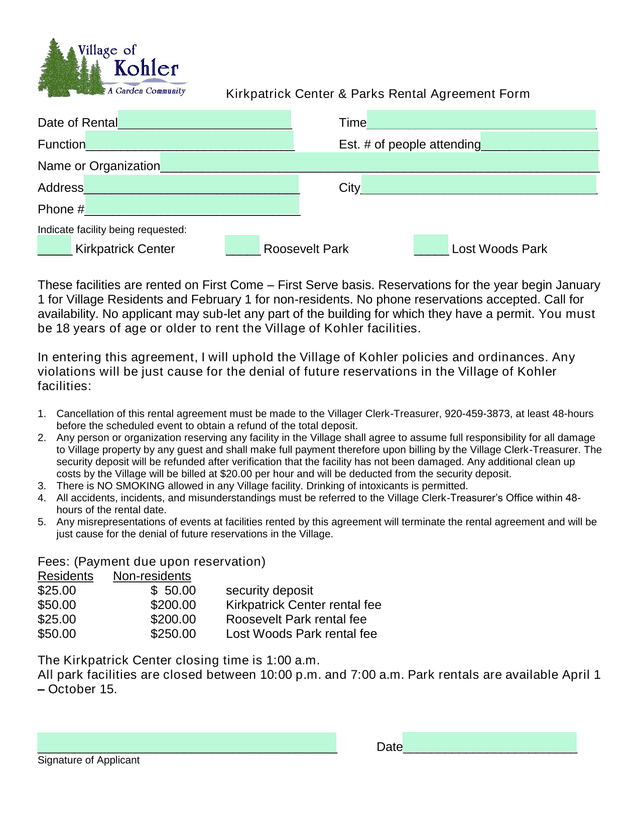 Kirkpatrick Center  Parks Rental Agreement Form screenshot