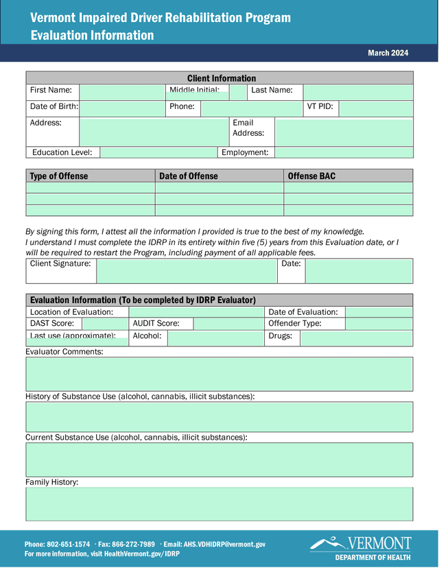 Vermont Impaired Driver Rehabilitation Program Evaluation Information screenshot