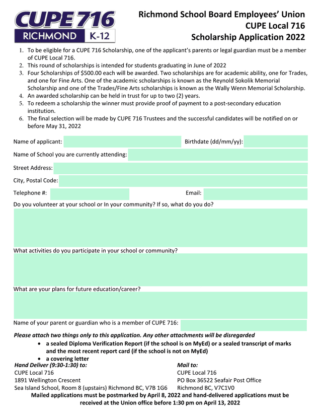 CUPE Local 716 Scholarship Application 2022 screenshot