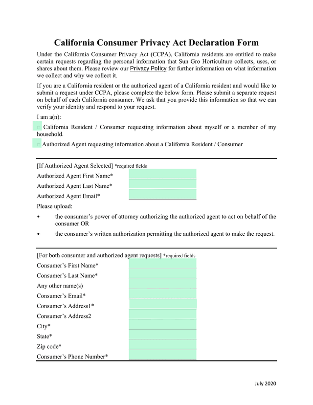 California Consumer Privacy Act Declaration Form screenshot