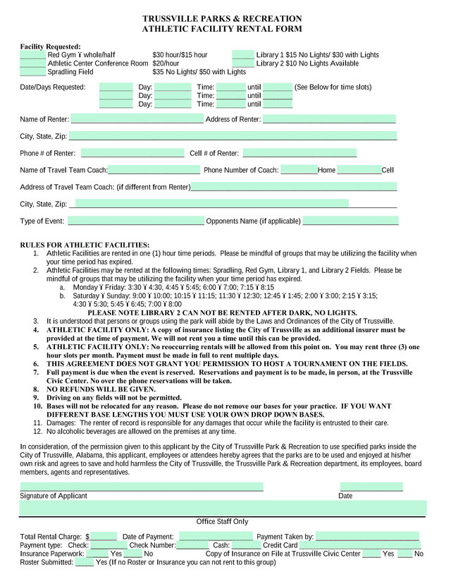 TRUSSVILLE PARKS  RECREATION ATHLETIC FACILITY RENTAL FORM screenshot