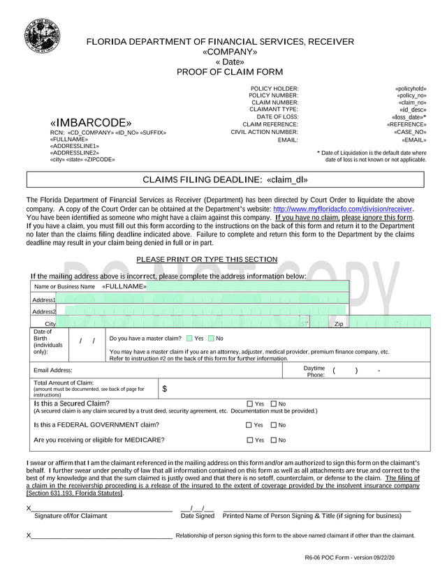 PROOF OF CLAIM FORM screenshot
