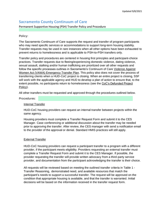 Sacramento County Continuum Of Care Permanent Supportive Housing (PSH) Transfer Policy And Procedure screenshot