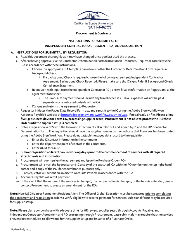 Instructions For Submittal Of Independent Contractor Agreement (ICA) And Requisition screenshot