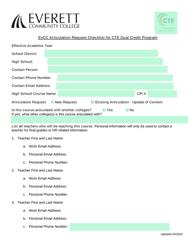 EvCC Articulation Request Checklist For CTE Dual Credit Program screenshot