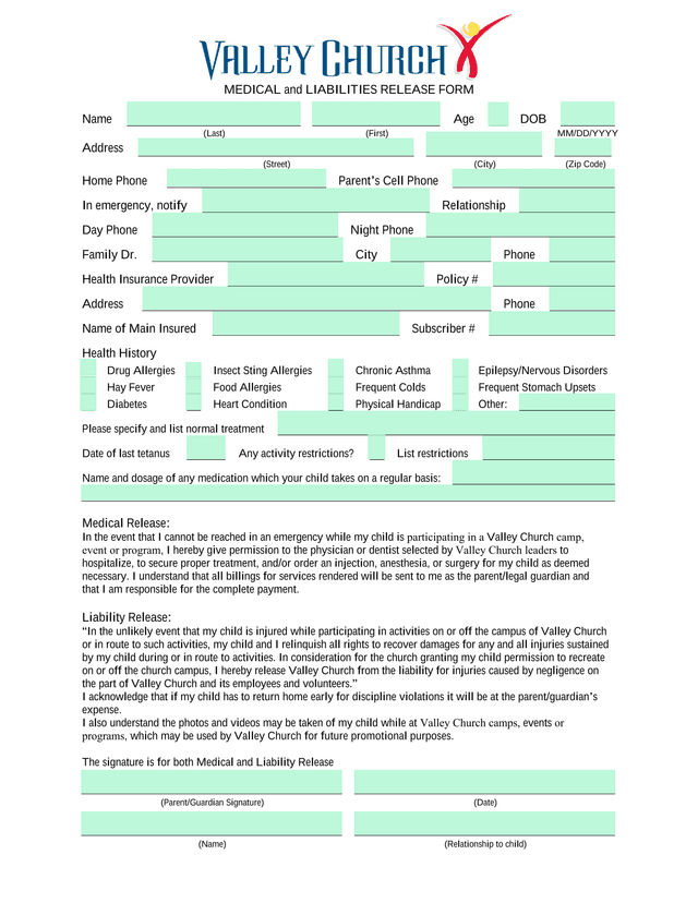 MEDICAL And LIABILITIES RELEASE FORM screenshot