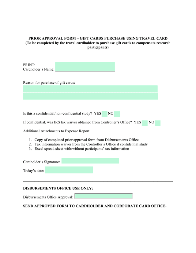 Prior Approval Form  Gift Cards Purchase Using Travel Card screenshot