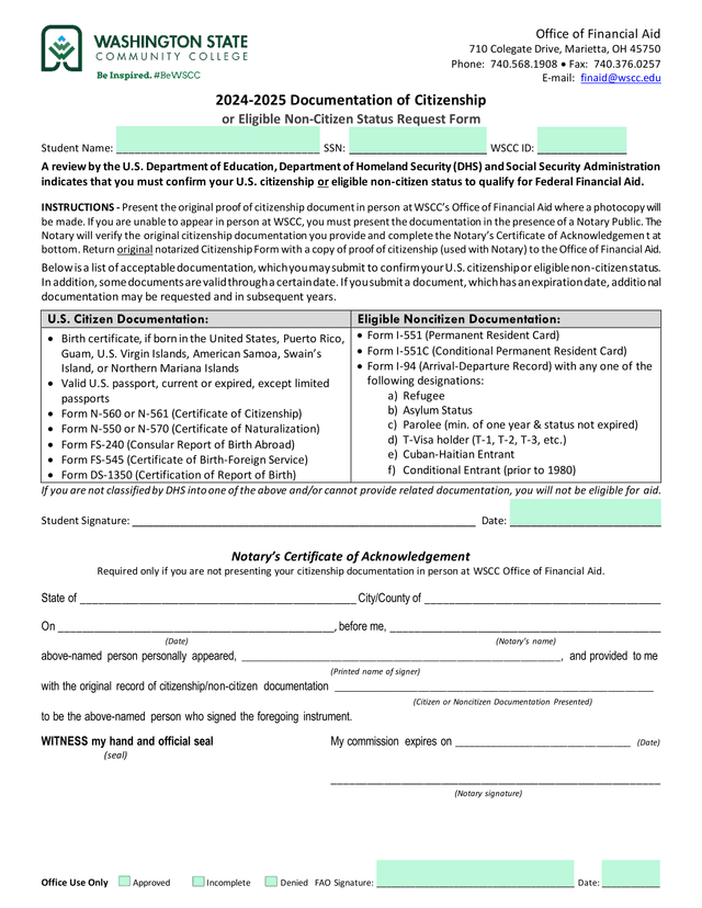 2024 2025 Documentation Of Citizenship Or Eligible Non Citizen Status Request Form screenshot
