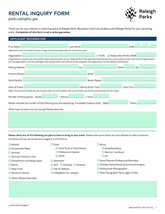 RENTAL INQUIRY FORM screenshot