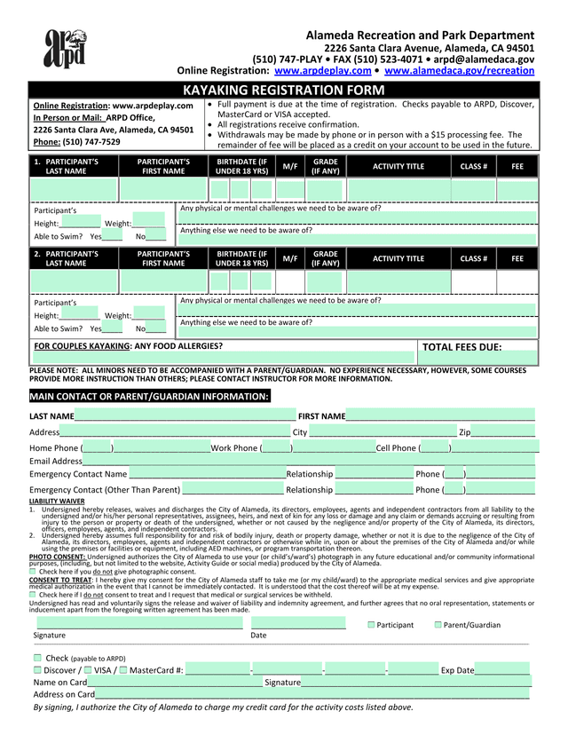 Kayaking Registration Form screenshot