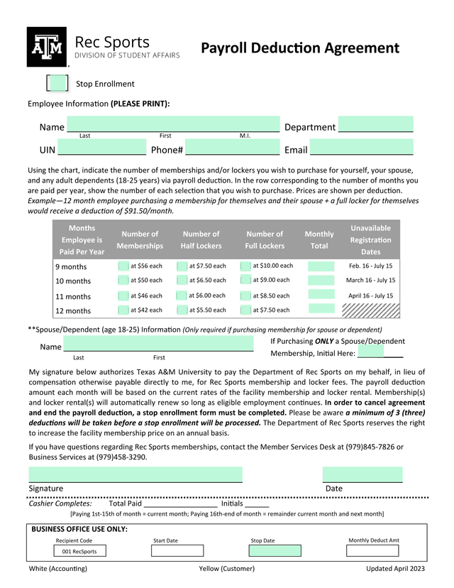 Payroll Deduction Agreement screenshot
