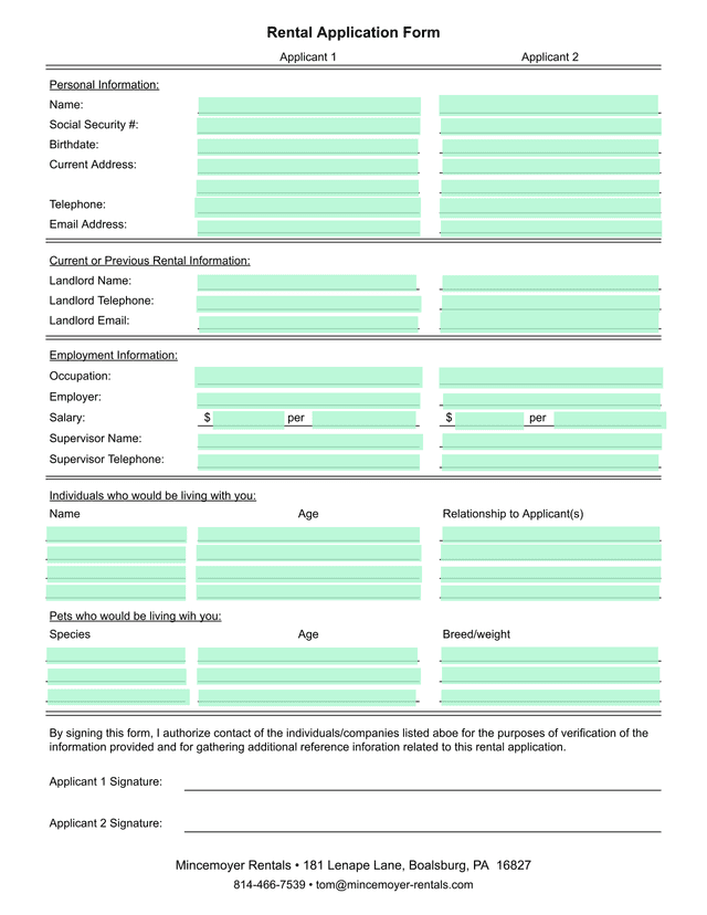 Rental Application Form screenshot