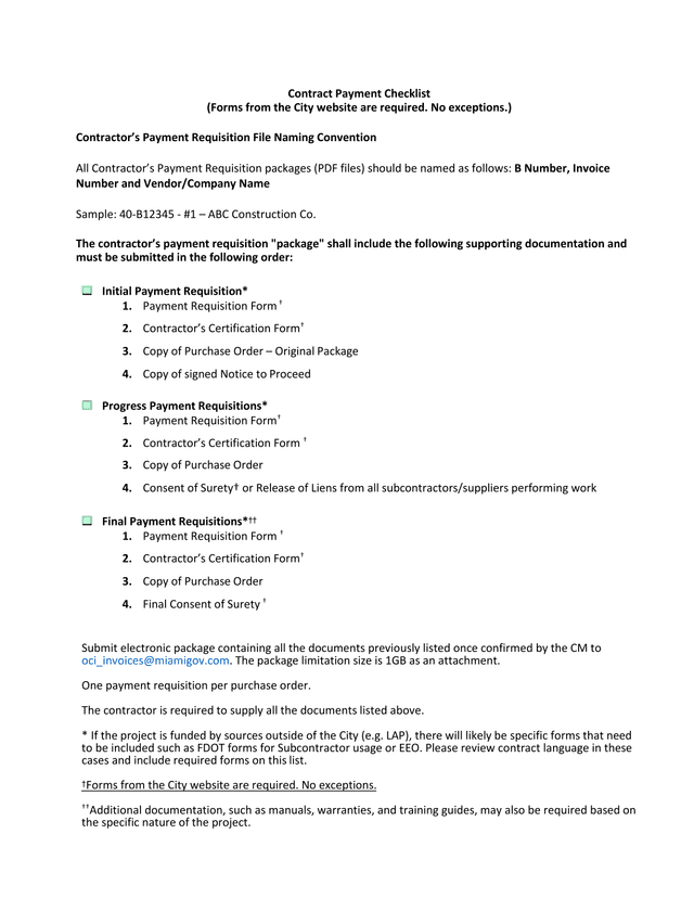 Contract Payment Checklist screenshot