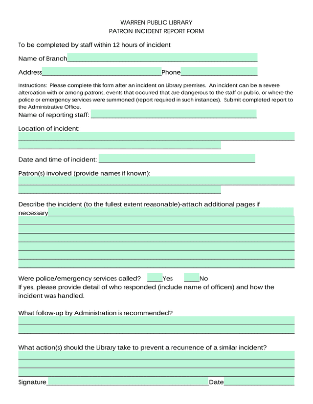 Warren Public Library Patron Incident Report Form screenshot