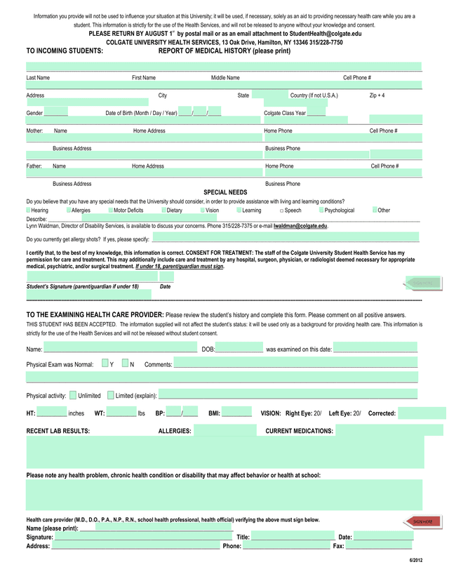 Student Health Information Form screenshot