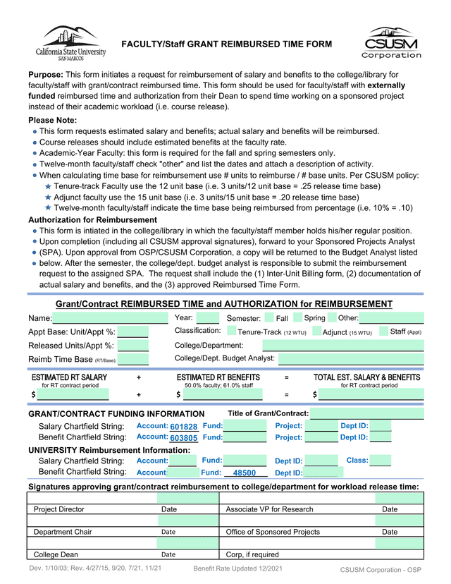 FacultyStaff Grant Reimbursed Time Form screenshot
