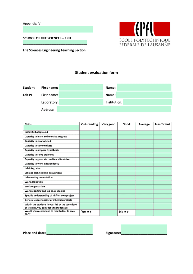 Student Evaluation Form screenshot