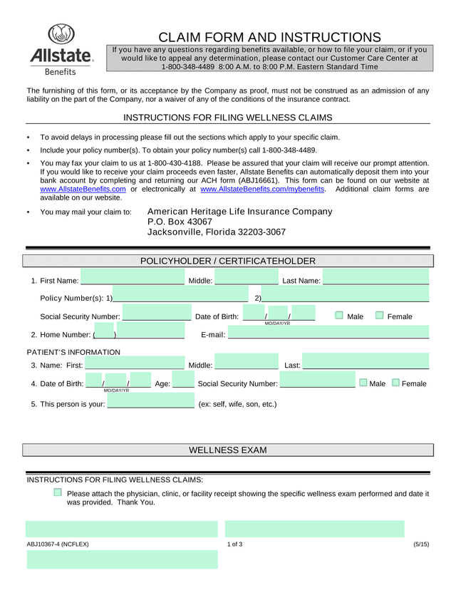 CLAIM FORM AND INSTRUCTIONS screenshot