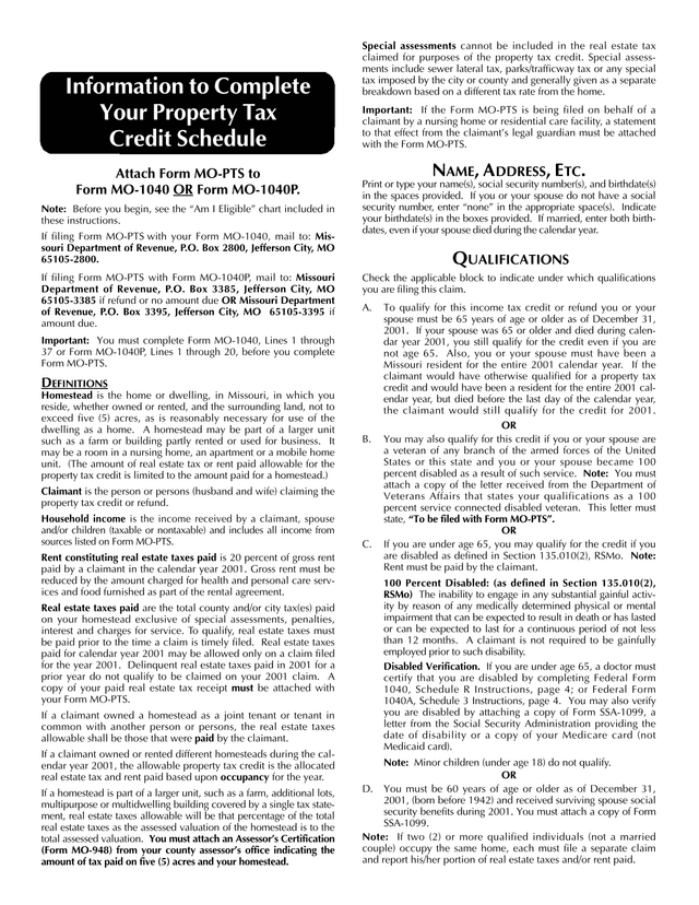 Property Tax Credit Schedule (MO PTS) screenshot