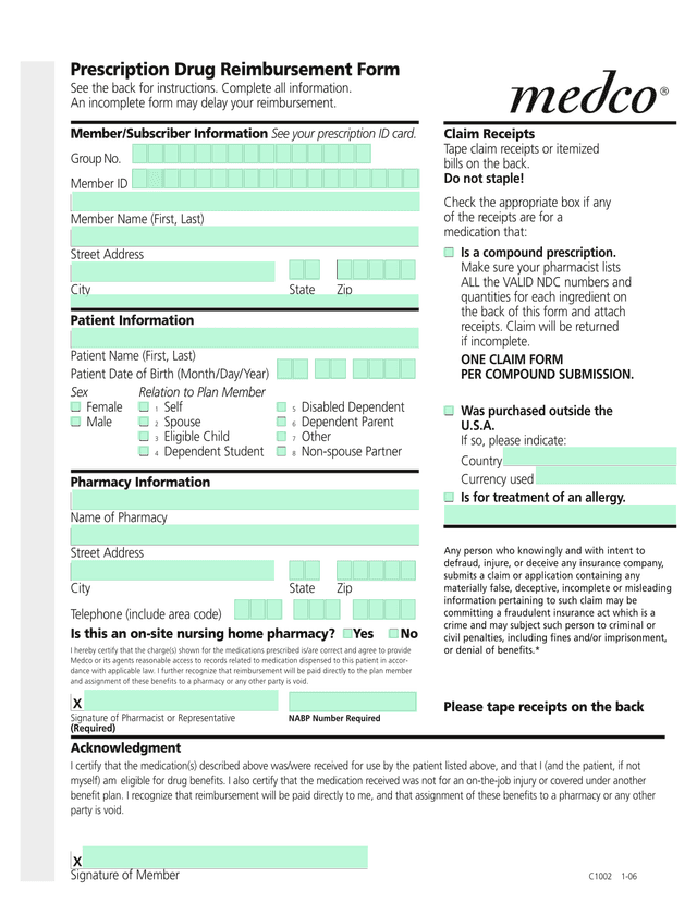 Prescription Drug Reimbursement Form screenshot