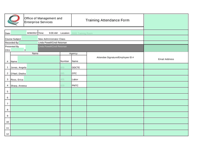 Training Attendance Form screenshot