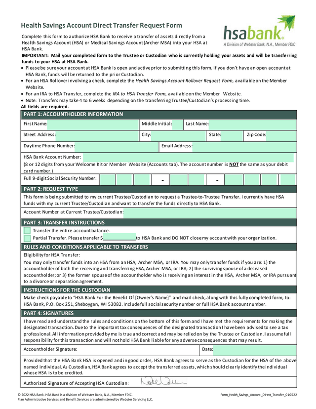 Health Savings Account Direct Transfer Request Form screenshot