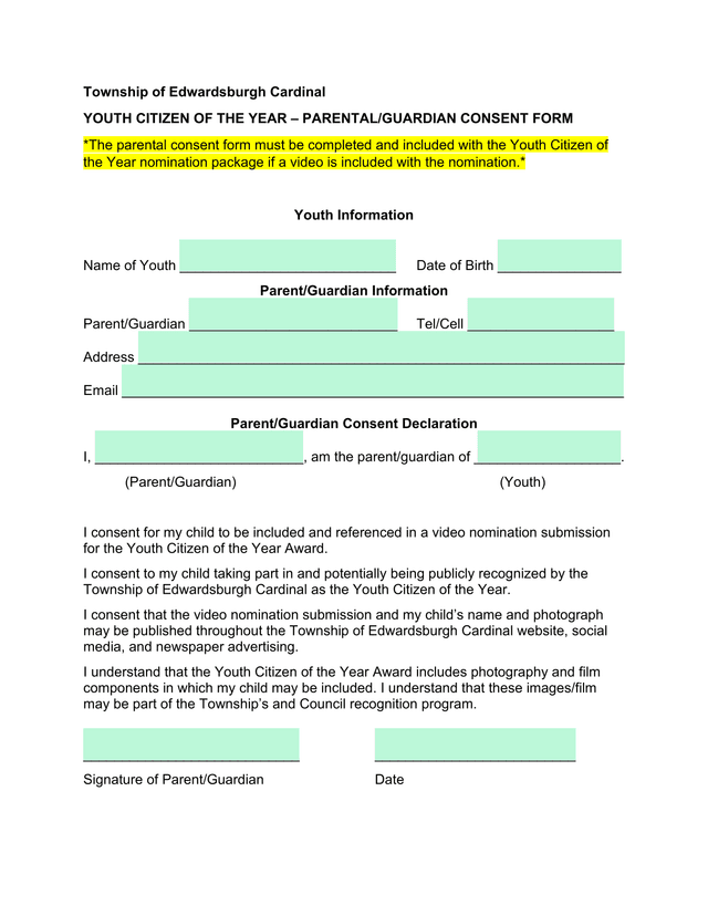 Youth Citizen Of The Year  ParentalGuardian Consent Form screenshot