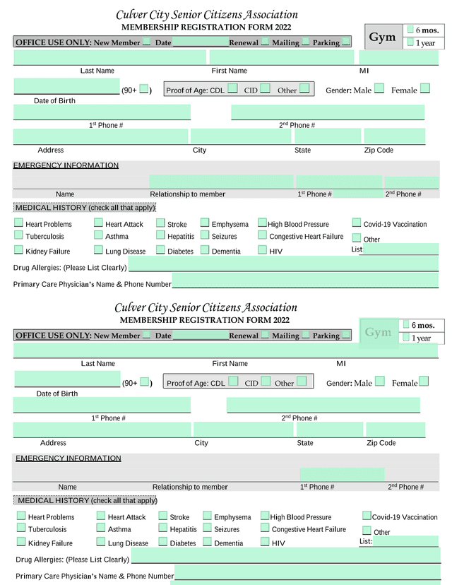 Culver City Senior Citizens Association MEMBERSHIP REGISTRATION FORM 2022 screenshot