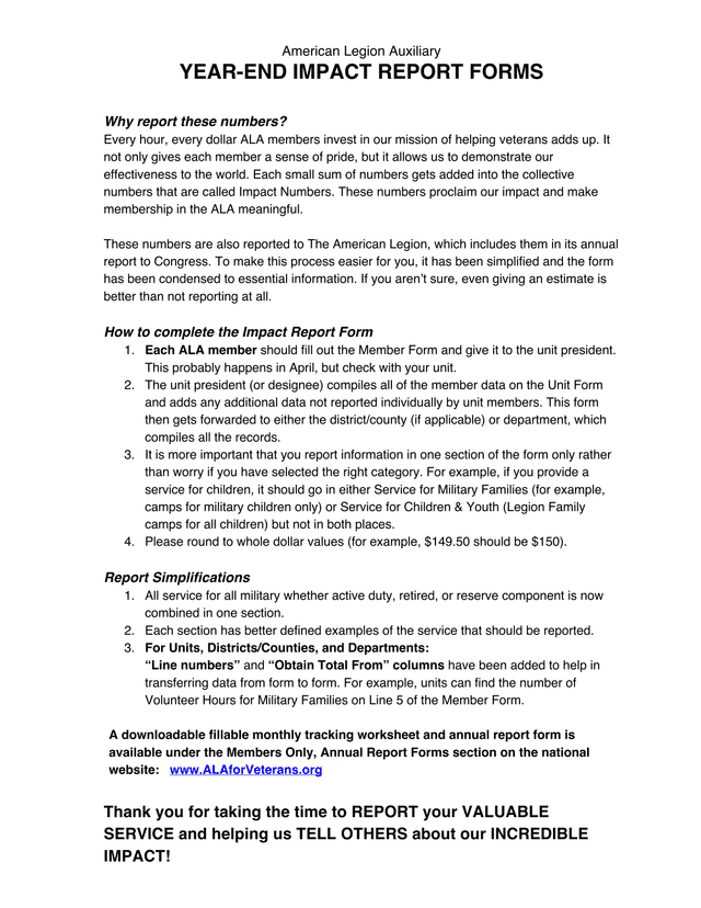 American Legion Auxiliary Year End Impact Report Forms screenshot