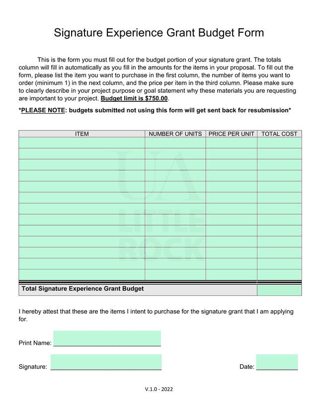 Signature Experience Grant Budget Form screenshot