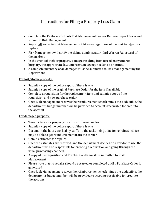 Instructions For Filing A Property Loss Claim screenshot