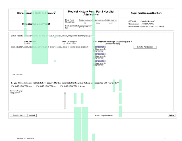 Comprehensive Sickle Cell Centers Medical History Form Part I Hospital Admissions screenshot