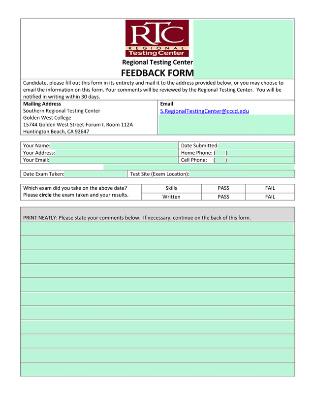 Regional Testing Center Feedback Form screenshot